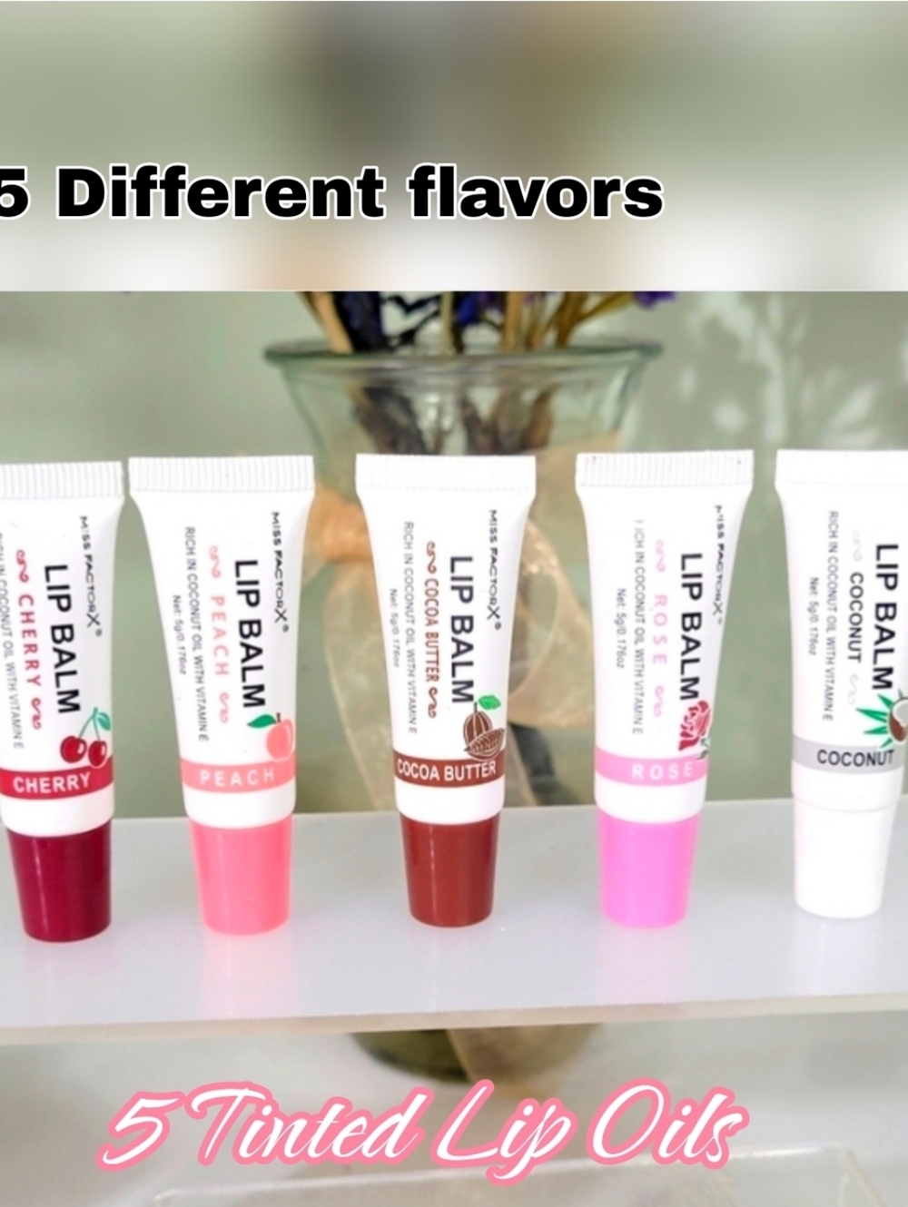 5pc Lip Gloss Balm Set - Cherry, Peach, Cocoa Butter, Rose, Coconut